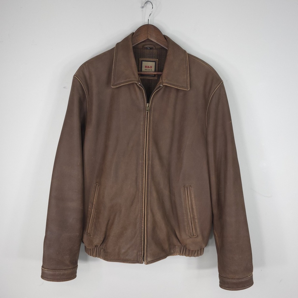 R&D Brand Mens Medium Brown Leather Bomber Jacket Full Zip Plaid Lined Casual